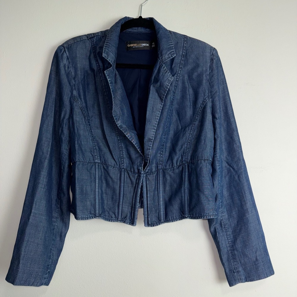 Gabrielle Union NY&C Blue Denim Cropped Corset Chic Shirt Jacket Size‎ 14